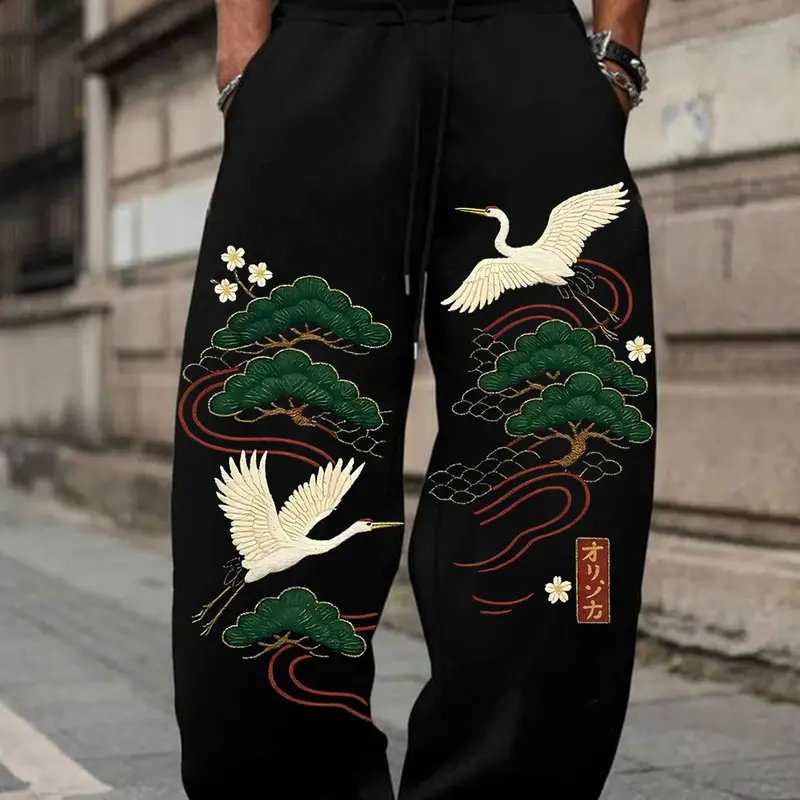 Men's Japanese Crane Pine Print Wide Leg Pants, Y2K Street Style Fashion Ukiyo-E Traditional Print, Breathable Cotton Long Pants
