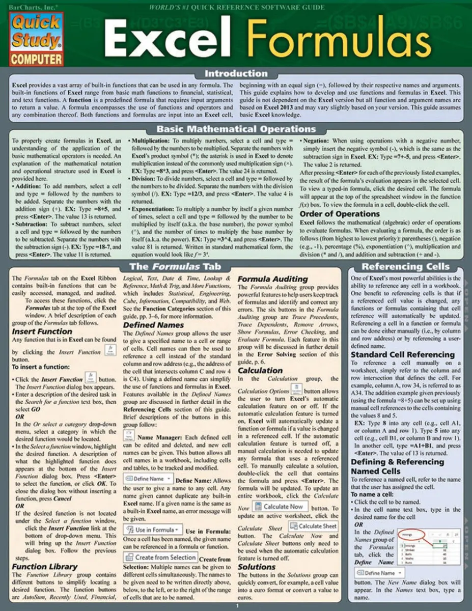 QuickStudy MS Excel Formulas Laminated Reference Guide