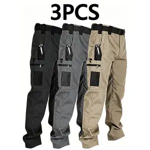 3 Pairs Men's Solid Color Tactical Work Pants, crafted from 230g wear-resistant and scratch-proof fabric. Equipped with large-capacity pockets, ideal for spring and summer wear. Belt not included. Please place your order according to the size chart.