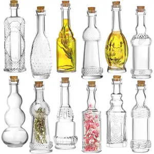 Small Bottles With Corks, Assorted Shapes [12-Pack] Clear Mini Glass Jars With Cork  For Crafts, Party Favors & Wedding Decorations- Small Bud Vases/Sand Art Bottles