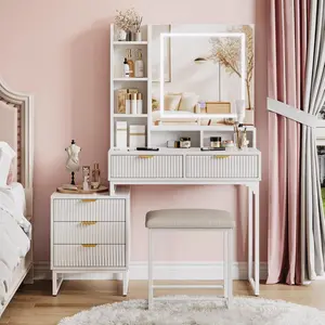 Makeup Vanity Desk with Mirror and Lights, Vanity Table with 5 Drawers, Vanity Set with Stool and Removable Side Storage Cabinet for Bedroom, White & Gold