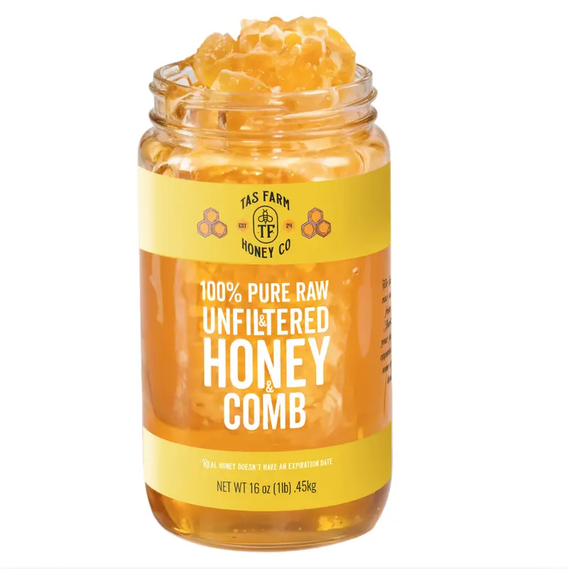 TAS HONEY CO - 1 POUND Raw Honey & Comb 16 oz Honey with Original Comb Natural Benefits Glass Jar