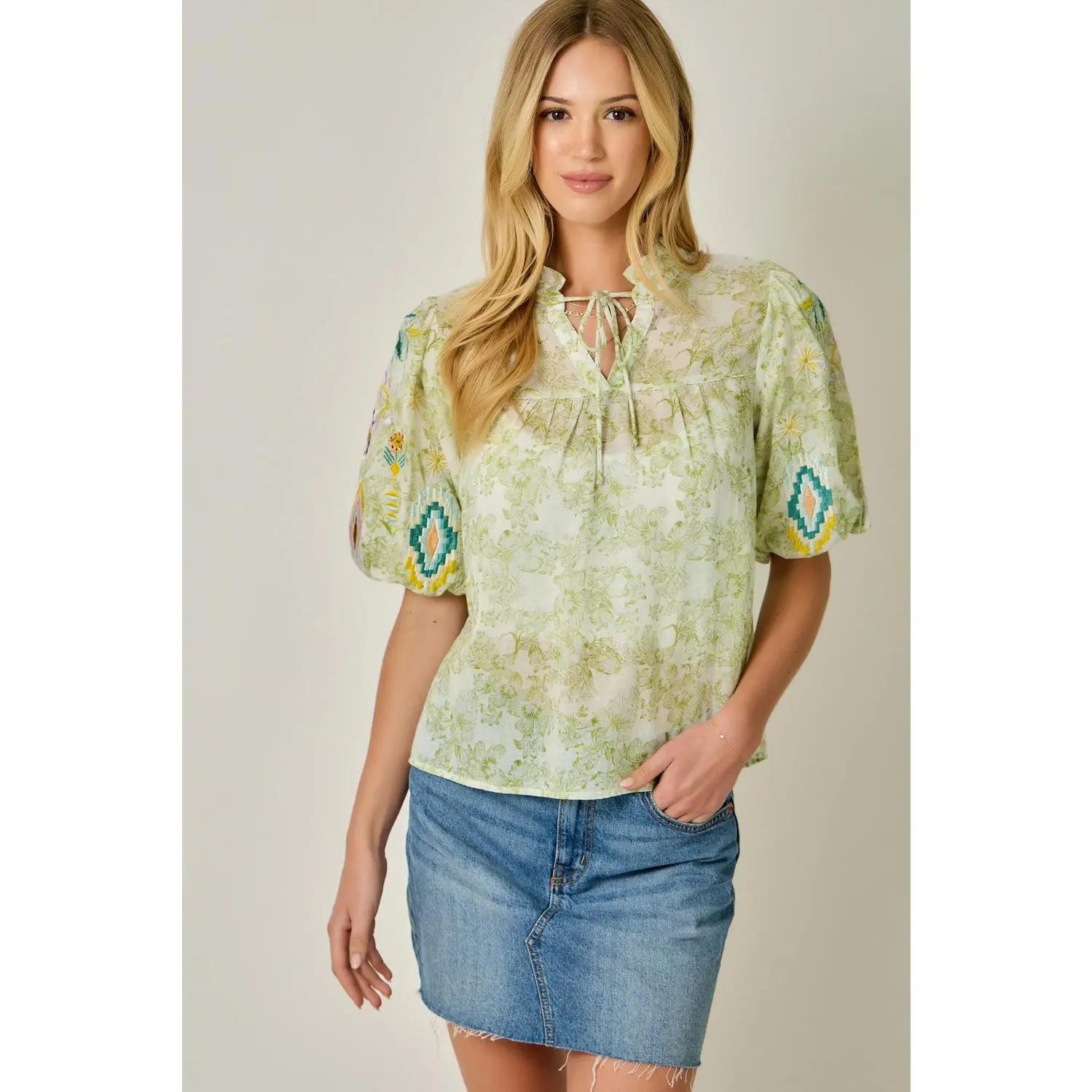 Floral Embroidered Sleeve Peasant Blouse with V-Neck Tie & Puff Sleeves