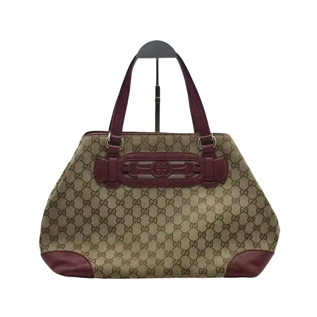 Pre-owned GUCCI H17281 Flower Patterned Wine Red Leather Interlocking Double G Embossed Crossbody Bag (Middle Size, No Duplicate Features), Crossbody Bags