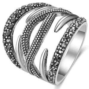 MYTYS Black Onyx Stone Rings for Women with Marcasite Accents Vintage Cocktail Statement Chunky Antique Retro Jewelry Gift