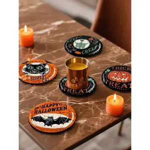 1/4pcs Vintage Black Cat Skull Bat Pumpkin Coaster,Great For Home And Cafe Use, Happy Halloween Party Table Decoration, Halloween Restaurant Kitchen Table Decoration, Suitable For Wedding Birthday Party Holiday Decoration Home Decor