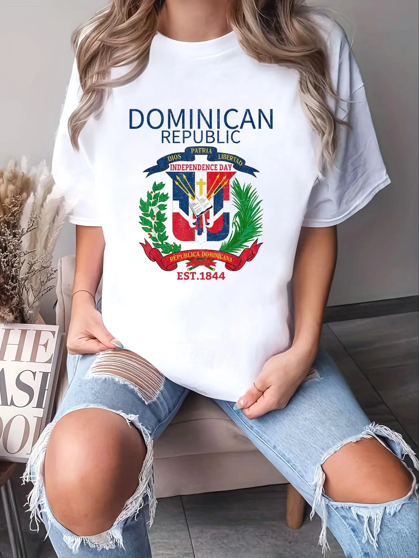 Women's Graphic T-Shirt, Loose Fit 100% Cotton Dominican Republic Tee with Jacket-Inspired Design for Independence Day Celebrations, Jackets