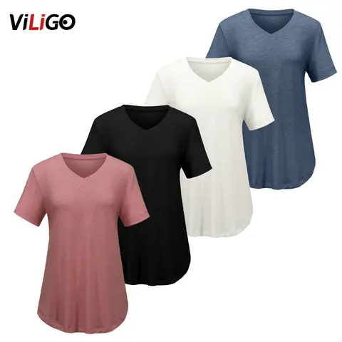 VILIGO Women's 4-Pack Breathable V-Neck Short Sleeve Rayon T-Shirts - Loose/Fitted Options, Plus Size Clothing, Basic Minimalist Summer Plain Tops for Everyday Wear, Breathable T Shirt, Fitted Tshirts