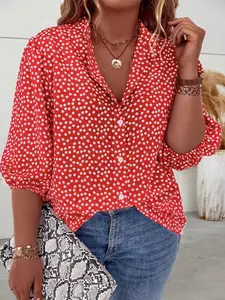 Plus Size Women's Shirt, Casual Fitted Long Sleeve Top, Ditsy Floral All over Print, Comfortable Daily Wear, All Seasons