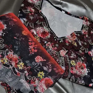 Midnight Floral Mukhawar with Matching Scarf - Elegant Design Featuring Vibrant Floral Patterns and Matching Accessory