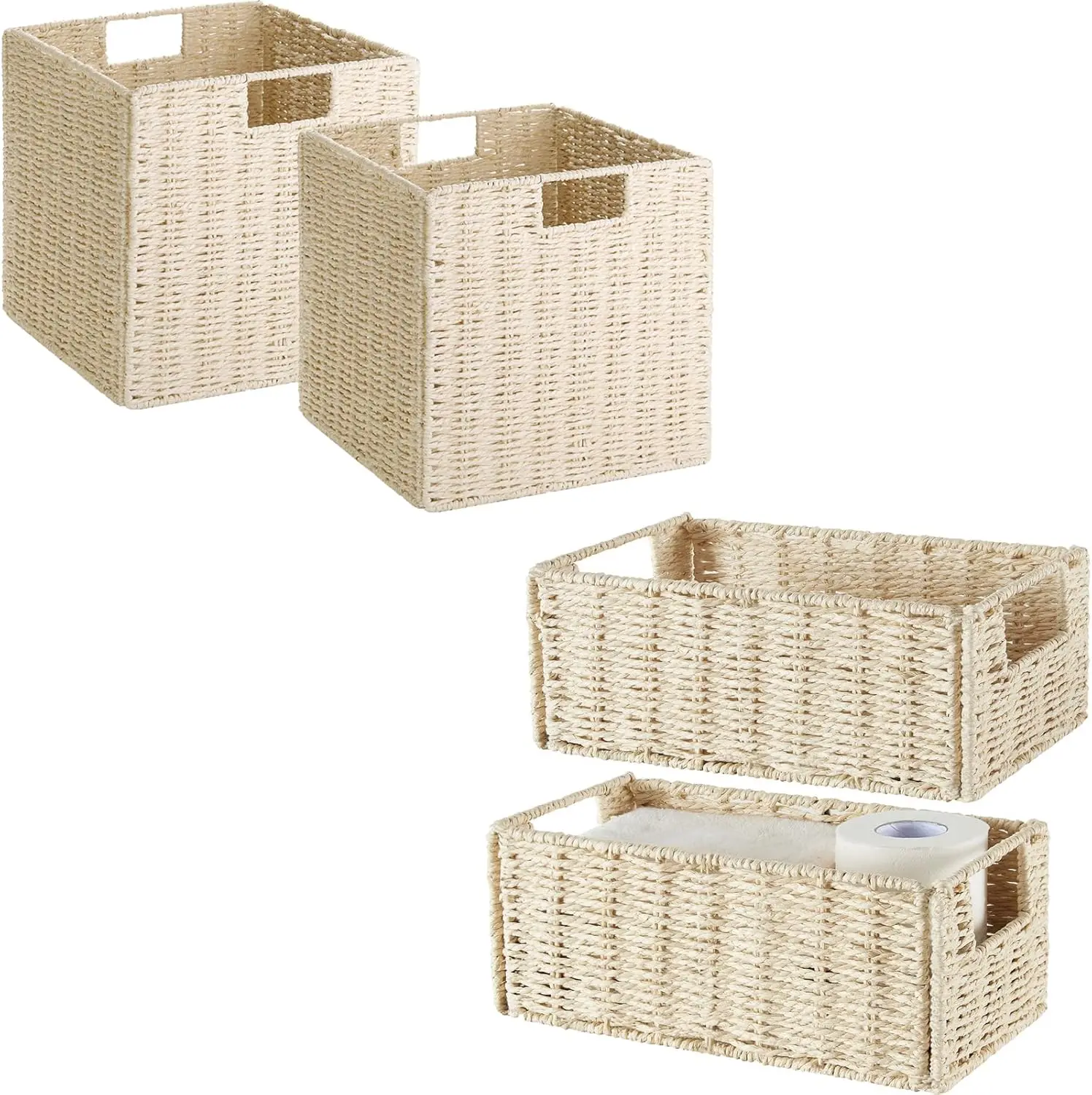 Wicker Baskets for Storage, Set of 4 Hand-Woven Round Paper Rope Storage Bins, Beige