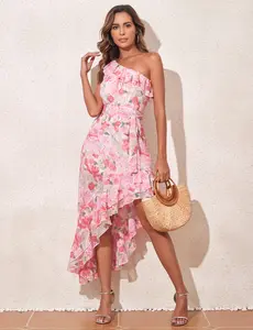 PrettyGuide Women's One Shoulder Maxi Summer Dress Belted Asymmetrical Ruffle Flowy Wedding Guest Dress Floral Casual