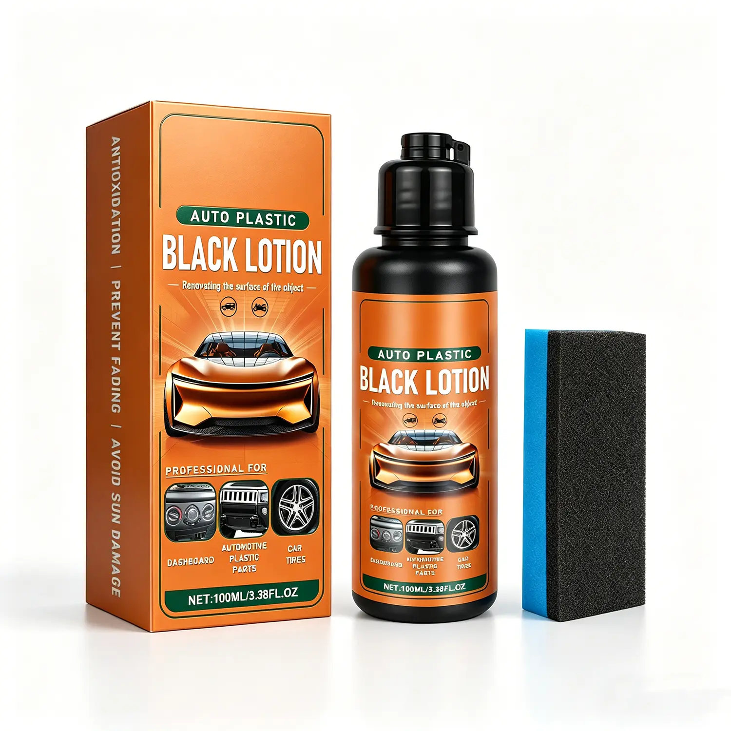 Car Plastic Restorer & Trim Shine Revitalizer - Water-Based Restoring Agent for Plastic, Rubber & Vinyl Care, Faded Surface Fixer with Long-Lasting UV Protection, 100ml with Applicator Pad (Dashboard, Door Panels, Bumpers Use), Restoring Agent Plastic & R