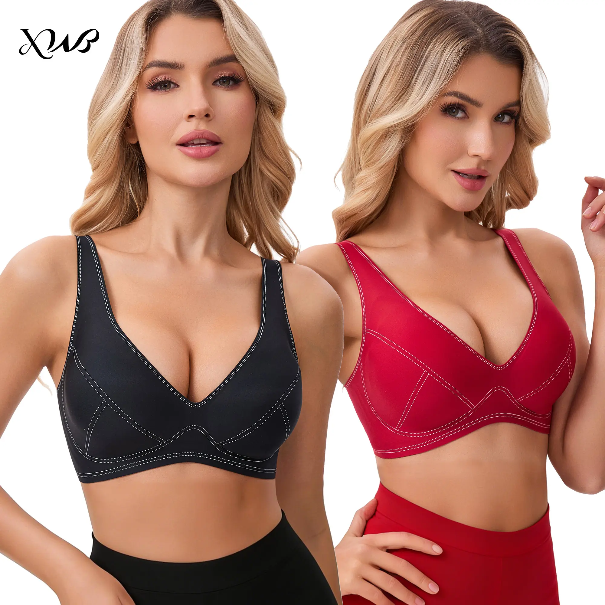 XWB Women's Basic Seamless No Underwire Bralette - Deep V Hollow Design, Line Pattern, Wide-Shoulder Straps, U-Shaped Back, Daily T-Shirt Bra, No Underwire Bralettes, Seamless Bralettes