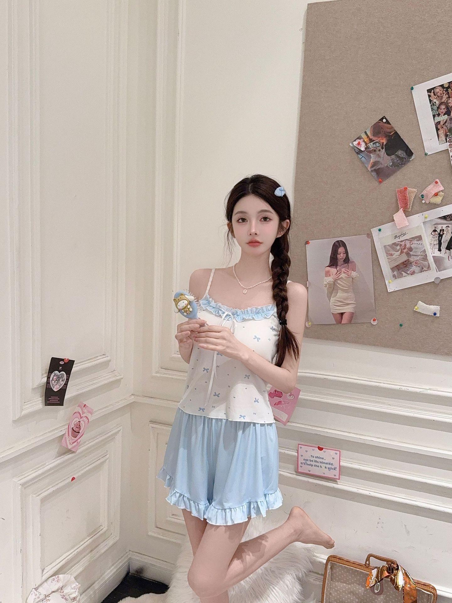 Women's summer pajamas with chest pads, camisole and shorts, pure and sexy Korean style, sweet, casual, loose-fitting home wear set