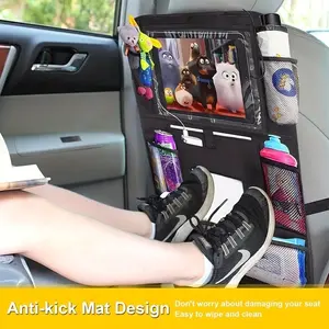 Rear seat organizer for cars with a 10" clear tablet holder, multi-pocket waterproof car seat organizer with cup holders and tissue pocket, easy-install rear seat storage bag for kids’ road trips, SUVs, and trucks interior