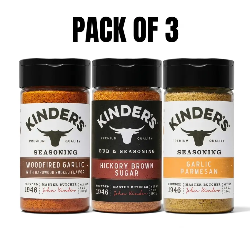 (3 PACK) Kinder’s Seasoning Variety Pack – Garlic Parmesan 5.8 oz, Hickory Brown Sugar BBQ Rub 5 oz, Woodfired Garlic 6 oz, BBQ & Grill Spice Set