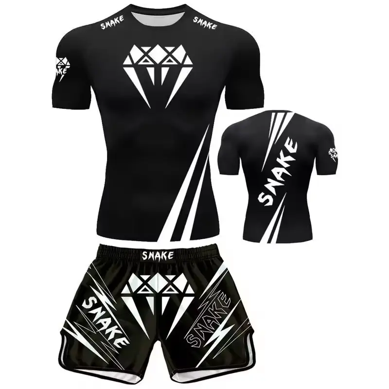 Boxing Muay Thai High Elastic Quick-Dry Tight T-Shirt Combat Shorts Running Training Set outfit