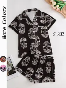 Halloween Women's All Over Skull Print Button Front Shirt & Shorts Pyjama Set, Comfort Two-piece Pj Set for Homewear, Casual Sleepwear Set, Women's Sleepwear for All Seasons