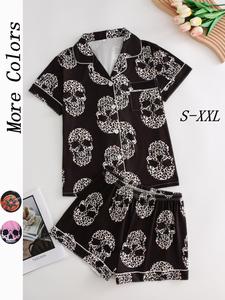 women's all over skull print button front shirt & shorts pyjama set, lady comfort two-piece pj set for homewear, women's sleepwear for all seasons, womenswear, nightwear loungewear set