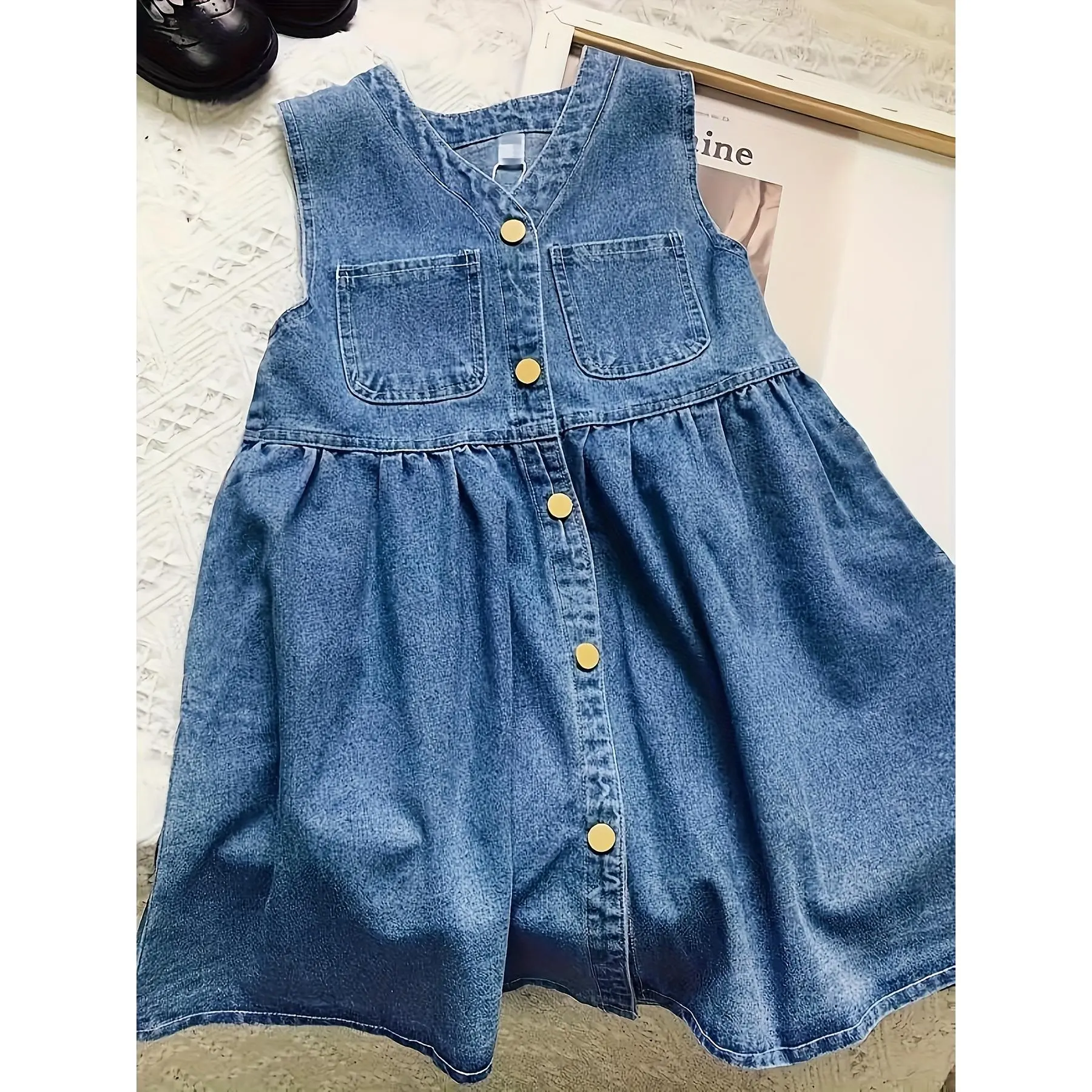 Girls Sleeveless Denim Pinafore Dress, V Neck Full Front Gold Buttons Dual Patch Pockets Gathered Waist Loose A-Line Kids Casual Summer Jean Sundress