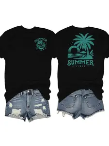 Women's Letter & Palm Tree Print Round Neck Tee, Casual Short Sleeve Crew Neck T-Shirt for Daily Wear, Ladies Sportswear for All Seasons, Summer Top