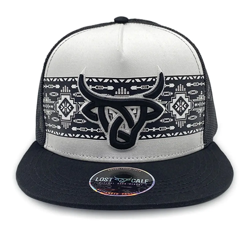 Lost Calf Shima White Black Flat Bill Adjustable Snapback Cap Hat | Retro Geometric Tribal Bull Snapback | Modern Cowboy Country Lifestyle Hat | Gift for Men