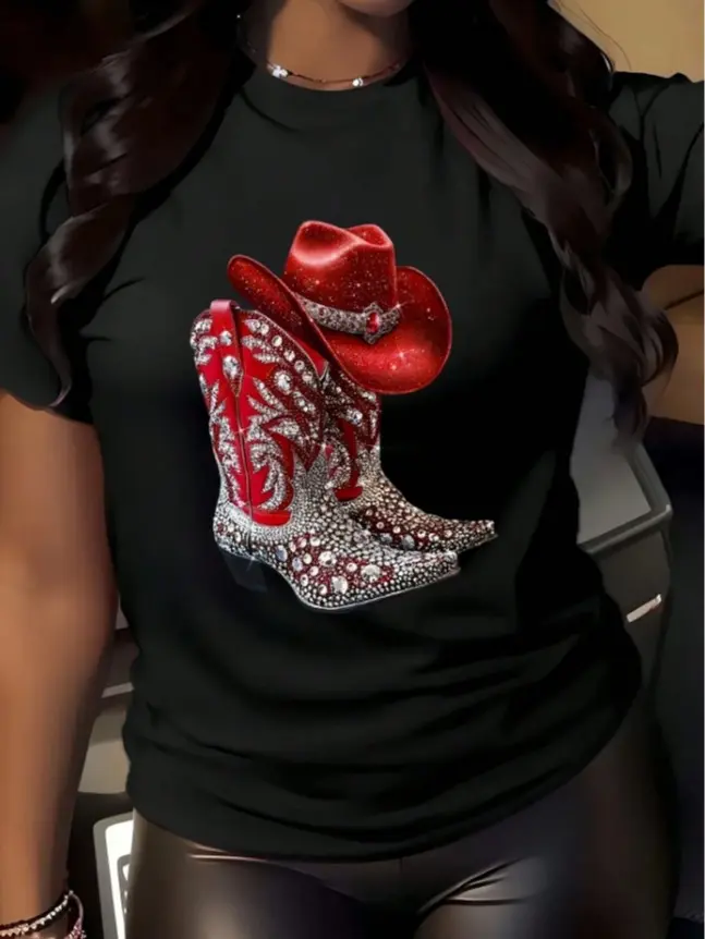 Women’s Casual Cotton Short-Sleeve Top - Sparkly Red Rhinestone Cowboy Boots & Hat Western Print, Soft Breathable Heat Transfer Loose Fit, For Country Concert & Road Trip Outfits, 1-Piece Matchable With Jeans, Shortsleeve, Tops