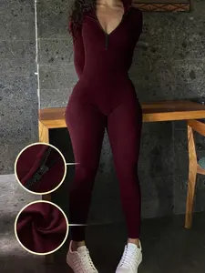 Wine Red Long Sleeve Zip Front One Piece Jumpsuit Womens Ribbed Bodycon Romper Stretch Slim Fit Deep V Zipper Design Full Length Casual Streetwear Going Out Workout Lounge Trendy Womens Fashion