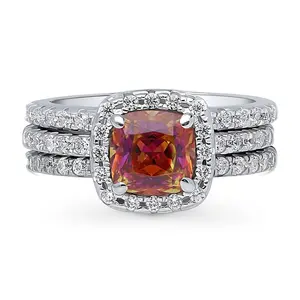 Halo Kaleidoscope Red Orange CZ Ring Set in Sterling Silver