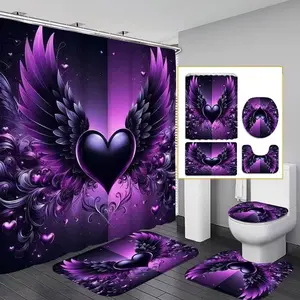 1/4pcs Purple Butterfly and Heart Shower Curtain Set, Bathroom Supplies, with Multi-Color Pattern, Non-Slip Mat, U-Shaped Rug, Toilet Seat Cover, Bathroom Decoration Accessories, Includes 12 shower curtain hooks
