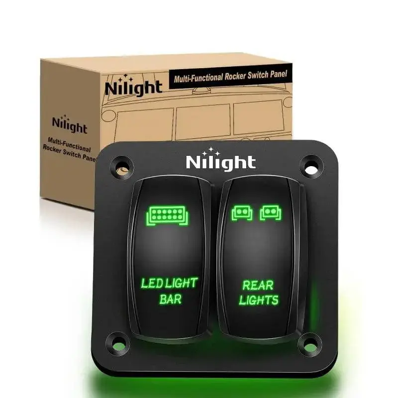 Nilight 2-Gang 5-Pin ON/OFF Rocker Switch Panel - Green Plastic Marine-Ready Electrical Accessory for Cars, Boats, with Installation Screws