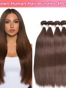 4PCS 4#-ST 4# Medium Brown Straight Human Hair Bundles, Brazilian Hair Weave