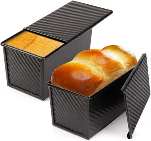 Pullman Loaf Pan with Lid, 2 Pack 1 lb Non-Stick Black Sandwich Bread Loaf Pans for Homemade Bread Carbon Steel Toast Box with Cover Bakeware Toast Mold for Oven Baking