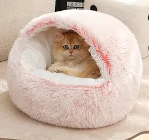 Cat Bed Round Plush Fluffy Hooded Cat Bed Cave, Cozy for Indoor Cats or Small Dog beds, Soothing Pet Beds Doughnut Calm Anti-nxiety Dog Bed - Waterproof Bottom Washable, 20inches Soft 2-in-1 Covered Cat Bed Cushion