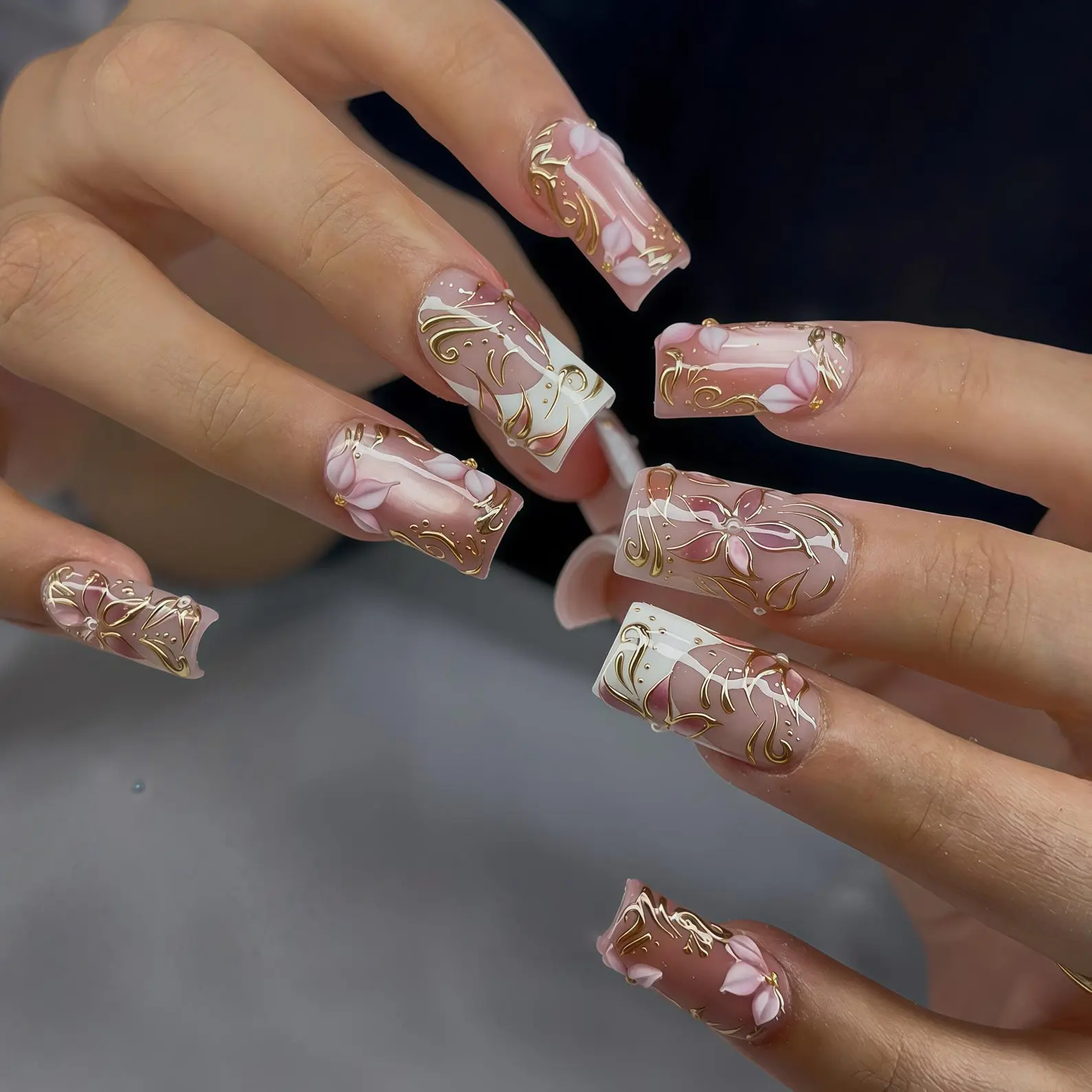Luxury Pink Floral Press On Nails | Handmade False Nails | Reusable Nail Set for Women