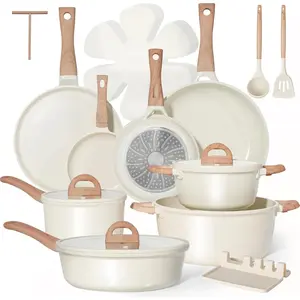 Pots and Pans Set Non Stick  22 count Ceramic Cookware Sets Nonstick Kitchen Pot&Pan With Lid Cream White Granite Induction Compatible with Glass  Crepe Frying Pan PFOA/PFOS-Free
