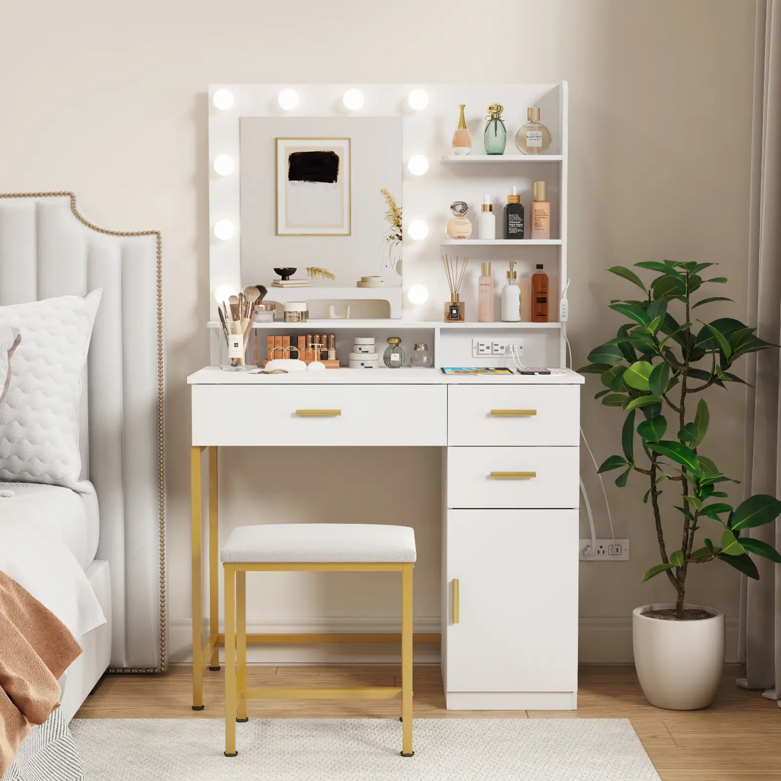 [Mothers Day Gifts] Lifewit Vanity with Mirror, Lights, and 4 Drawers, Customizable Dimmable Lighting, Built-in USB Ports, and Concealed Wiring