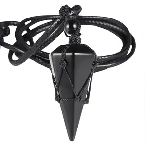 Men’s Natural Obsidian Wrapped Pendant Necklace — Energy Healing & Protective, Adjustable Cord, Great Family Halloween Gift, Guardian of the Family, Bamboo Net Crystal, Natural Crystal Necklace