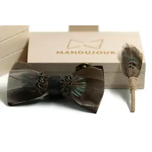 Wishful Brown and Gray Feather Bow Tie & Lapel Pin Set - Mandujour Handmade