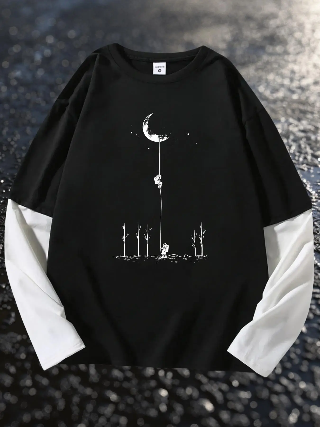 Men's Astronaut Print Round Neck Tee, Loose Casual Fashion Long Sleeve T-shirt for Daily Wear, Men's Top for All Seasons, Casual Sporty Top, Activewear T shirt, Athletic T Shirt, Athletic Sports Clothing, Athletic Apparel