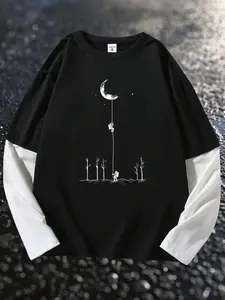 Men's Astronaut Print Round Neck Tee, Loose Casual Fashion Long Sleeve T-shirt for Daily Wear, Men's Top for All Seasons, Casual Sporty Top