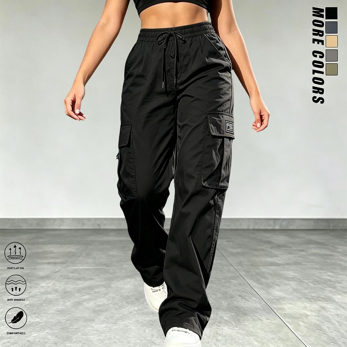 3PCS women’s cargo pants: casual, elastic waist, Bohemian minimalist basic women’s pants with pockets; suitable for summer outfits, vacations, and beachwear; sporty casual style; comfortable loose fit; casual drawstring high-waist pants; loose, comfortabl