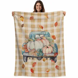 Fall Pumpkins Truck Flannel Fleece Throw Blanket for Couch Chair Sofa Bed, Lightweight Soft Blanket for Women Men, Orange Plaid Thanksgiving Rustic Warm Cozy Blankets for All Season