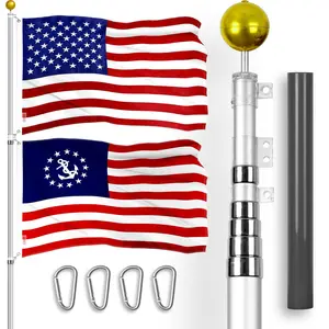 G128 Combo Pack: 20 Ft Telescoping Aluminum Flagpole (Silver) & American and USA Yacht Ensign Flags 3x5 Ft, Both ToughWeave Series Embroidered Polyester | Pole with Flags Included