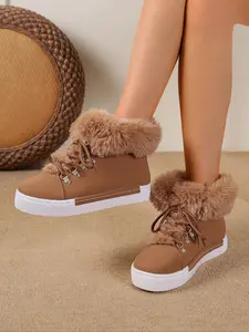 Women's Winter Warm Snow Boots, Faux Fur Lined Round Toe Metal Buckle Design, Waterproof PU Leather Anti-Slip Thick Sole Casual Shoes