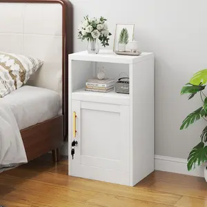 Metal White Nightstands Set of 2 with Lock, Lock Storage Cabinet,28" Modern Side Table with Door and Open Shelf, Bedside End Table for Bedroom, Dorm and Small Spaces