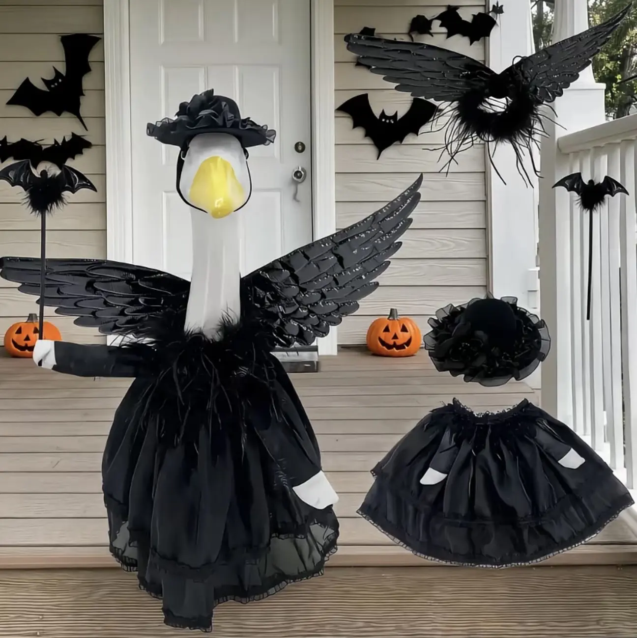 Gothic Goose Halloween Costume Set - 5-Piece Reusable, Lightweight, Elegant Ballet Outfit with Detachable Skirt, Black Swan Tutu Dress, Feather Wings, Bat Props, Headpiece for 23" Porch Pet Goose Statue