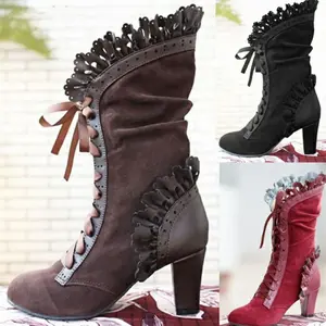 Women's Plus-Size Over-The-Knee Boots - Lace-Up Ruffled Lace Trim, Chunky Heel & Round Toe - Glossy/Rough Texture (Brown/Black/Red) - Winter Boots with Lace Detailing & Ruffled Cuff - Faux Cover-like Texture (No Lining) - Rubber Sole - Hand Washable - Mat