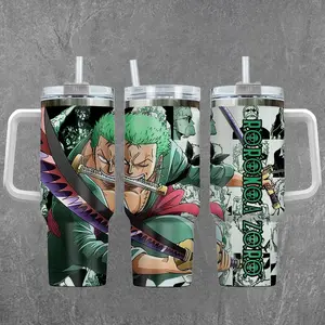[One Piece] Roronoa Zoro “Pirate Hunter” Three Sword Style 20oz & 40oz Tumbler With Handle – Anime Gaming Stainless Steel Cup, Insulated Iced Coffee Mug, Aesthetic Design, Trendy Drinkware, Daily Use, Gift Idea, Fan Favorite, Gift For Otaku & Anime Fans
